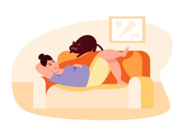 Kanepede kedisi olan şişman kadın. Obezite. Sağlıksız bir yaşam tarzı. Vektör düz renk çizimi. Aşırı kilolu için kavram.