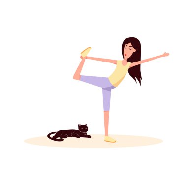 Kadın ve kedi jimnastik yapıyor. Renk vektörü düz çizgi film çizimi beyaza izole edildi.