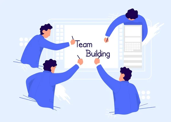 Affärsmän som skriver ihop teambuilding. Färg vektor tecknad illustration. Begreppet affärslösning i partnerskap. — Stock vektor