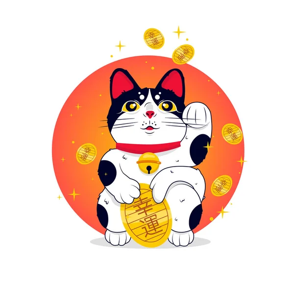 Maneki neko. Altın sikkeleri olan şanslı Japon kedisi. Kırmızı güneş üzerine renk vektörü düz çizgi film çizimi — Stok Vektör