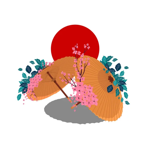 Mulher de quimono com guarda-chuva. Imagem de desenho animado plano vetorial de cor. — Vetor de Stock