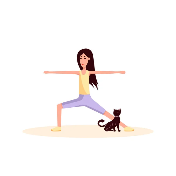 女と猫は体操をする。白に隔離されたカラーベクトルフラット漫画イラスト. — ストックベクタ