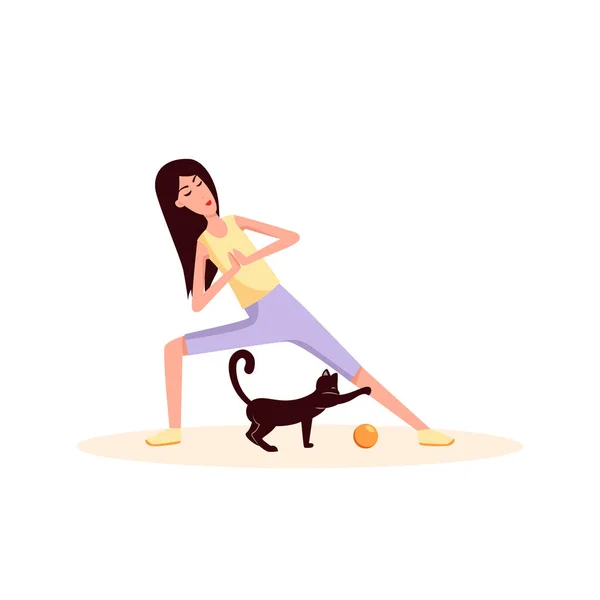 Kobieta uprawiająca gimnastykę. Blisko niej kot gra w piłkę. Kolor wektor płaska ilustracja kreskówka izolowane na białym. — Wektor stockowy