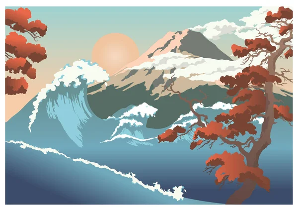 Vista de la montaña con olas y árboles. Dibujos animados planos vector de color ilustración. — Vector de stock
