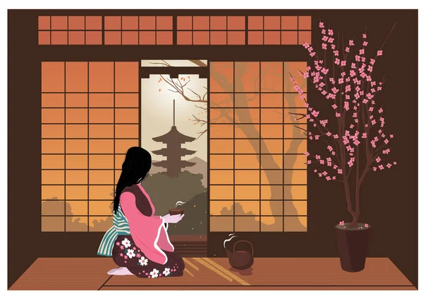 Mujer en kimono lleva a cabo una ceremonia tradicional del té japonés. — Vector de stock