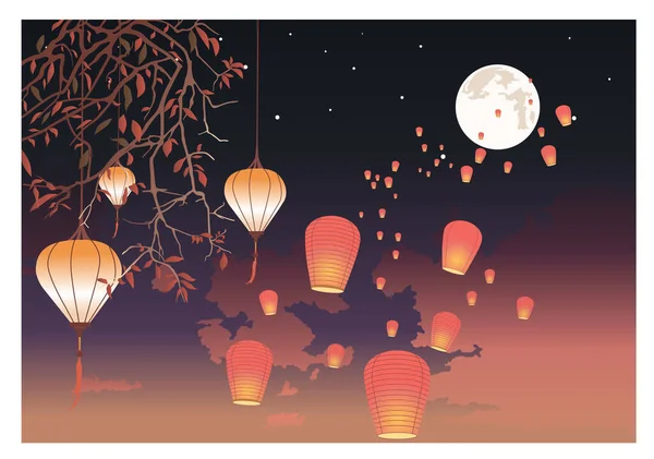 Des lanternes en papier avec des flammes volent dans le ciel nocturne. Illustration vectorielle couleur — Image vectorielle