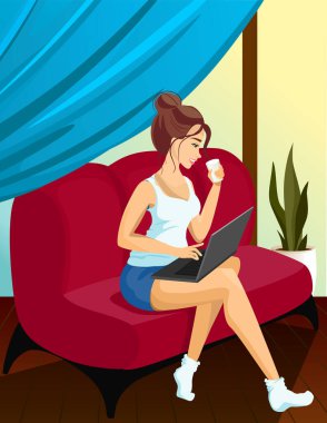 Kız dizüstü bilgisayarda çalışıyor. Serbest çalışma, uzak çalışma, iş, işyeri