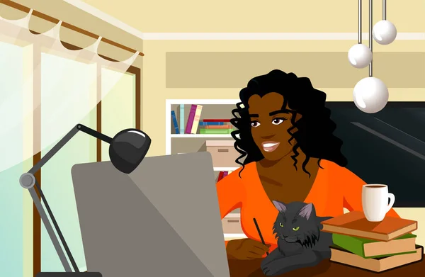 Ung afrikansk amerikansk kvinna använder laptop platt vektor illustration. Jobbar hemifrån, distansarbete, frilansare. Handla på nätet. Sällskapsdjur. Katt sova på ägarens arbetsyta. Hemkontor. — Stock vektor