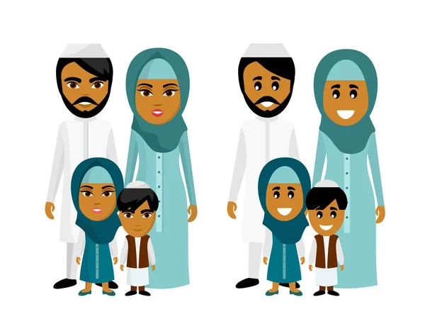 民族衣装を着た幸せなアラブ家族。民族だ。子供と両親。子育て。父、母、子供、息子、娘。父さん、パパ。母さん。子供だ。お兄ちゃん。兄弟たちよ。夫、妻。男の子、女の子。カップル. — ストックベクタ