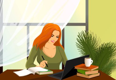 Genç, güzel, kızıl saçlı bir kadın rahat bir iş yerinde, modern bir iç mekanda çalışıyor. İçişleri Bakanlığı, serbest çalışma, eğitim. Evde çalış. Coronavirus karantinası, kendini izole etme. 