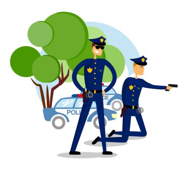 Polis çatışması. İki polis ya da üniformalı polis arabanın yanında durmuş, silah tutuyorlar ve birine nişan alıyorlar. Polis operasyonu. Beyaz arka planda izole edilmiş düz çizgi film karakterleri. Renkli vektör.