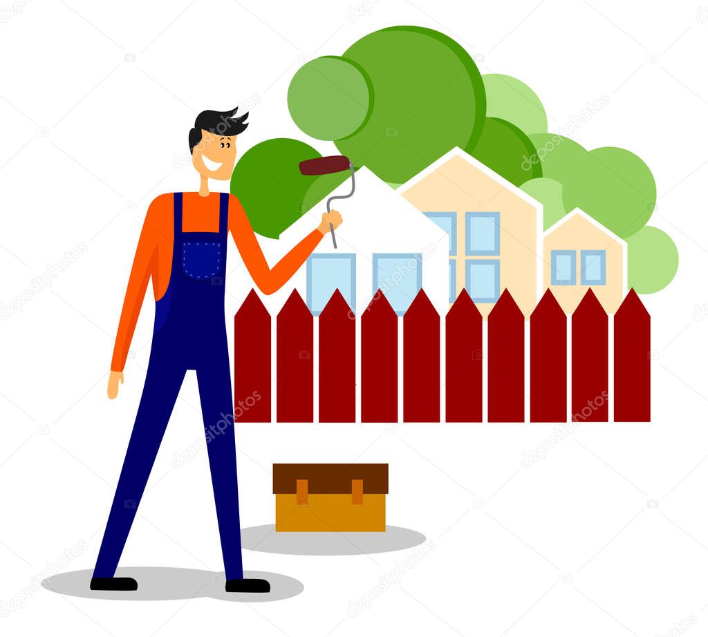 House painter standing in front Of painted fence. Cute mascot character. Workman cartoon flat vector illustration.