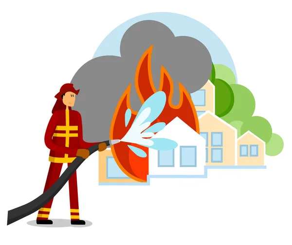 A tűzoltó megpróbálja kioltani az égő házat. Lángol a ház. A tűzoltó épületeket épít. Tűzoltó embereket ment rajzfilm. Lángbaleset. Segítek az égetésben. A mentő tömlővel oltja el a tüzet.. — Stock Vector