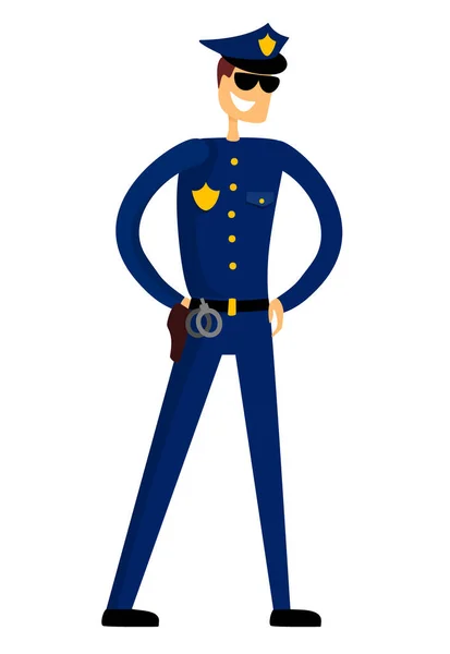 警官は帽子をかぶった青い制服を着ている。ベルトに手で立って警官。警察官の漫画のキャラクター。秩序の守護者。白を基調としたベクトルイラスト. — ストックベクタ
