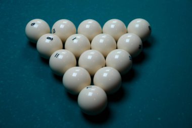 Piramit, toplar bilardo masasına sıkıca yerleştirilmiş üst taraftan eşkenar üçgen görünüm şeklinde.