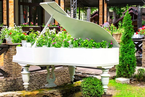 old white piano converted into a flowerbed with different flowers around and inside. Garden and park decor.