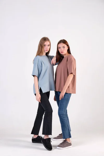 Par Modelos Elegantes Posando Estúdio Camisetas Casuais Marrons Azuis Para — Fotografia de Stock