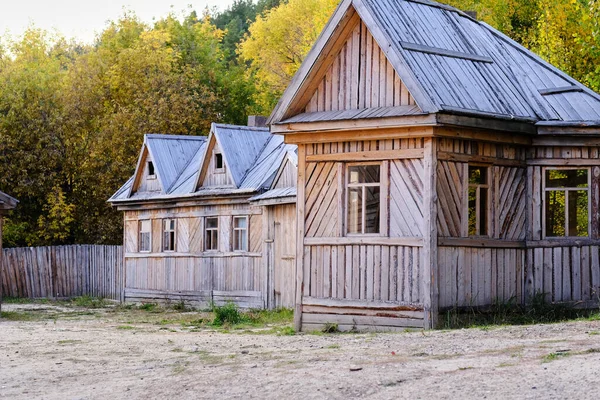 old and vintage Russian camp or village. Wooden buildings. Cinematic decorations.
