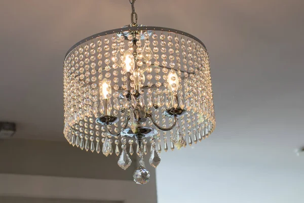 Light Chrome Chandelier Beaded Drum Hanging Clear Crystal Glass — Stock Photo, Image