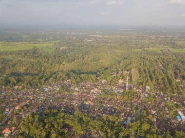 İHA 'nın Kuzey Kuta' ya, Badung Regency 'ye, Bali' ye ve Endonezya 'ya olan görüntüsü. Palmiye ağaçları arasında evler.