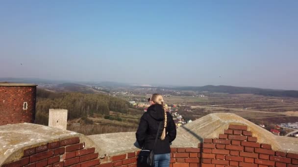 Attraente viaggiatore femminile guardando intorno valle vicino al vecchio castello — Video Stock