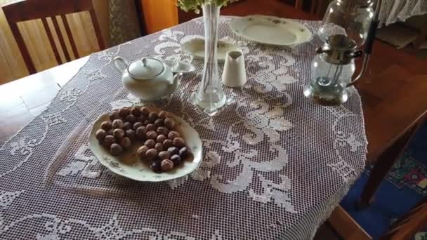 Bord met noten, oude ketel en een vaas met bloemen. Oud Keltisch dorp. — Stockvideo