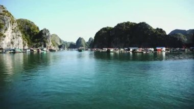 Ha Long Körfezi 'nde yüzen balıkçı köyü. Cat Ba Adası, Vietnam.