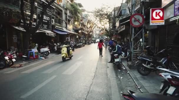 The Bustling Street Scene Of Hanoi, Vietnam, Old Town, Motorcycles Cars Traffic — стокове відео