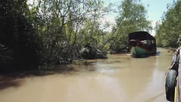 Hagyományos vietnami komphajó, amely embereket és kerékpárjaikat viszi át a Mekong folyón Vietnamban, Délkelet-Ázsiában 4k — Stock videók