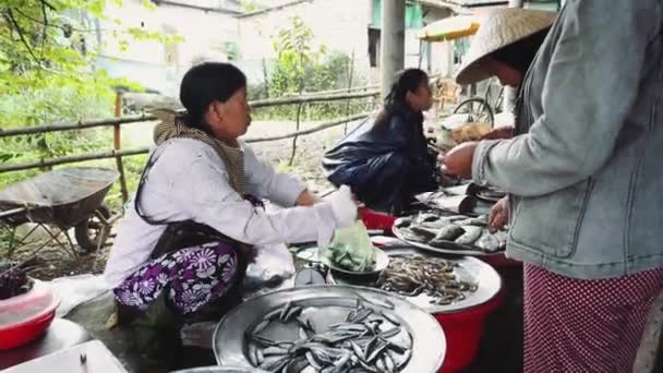 Ludzie kupują i sprzedają owoce morza i warzywa na ulicznym rynku żywności w Azji — Wideo stockowe