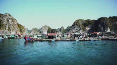 Ha Long Körfezi 'nde yüzen balıkçı köyü. Cat Ba Adası, Vietnam.