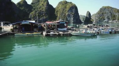 Ha Long Körfezi 'nde yüzen balıkçı köyü. Cat Ba Adası, Vietnam.