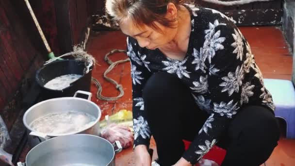 Een vrouw kookt eten op een schip. Long Bay, Vietnam. — Stockvideo