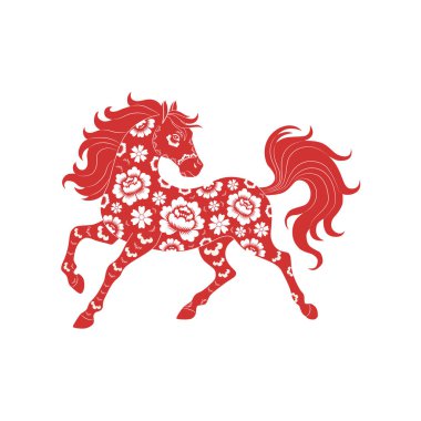 Çiçek desenli kırmızı at. 2026 yılının sembolü. Vektör