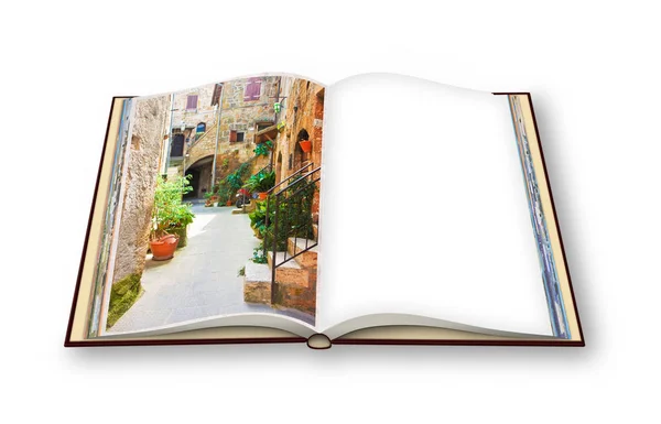 Render Megnyitott Fotó Könyv Pitigliano Falu Olasz Etruszk Középkori Faluban — Stock Fotó