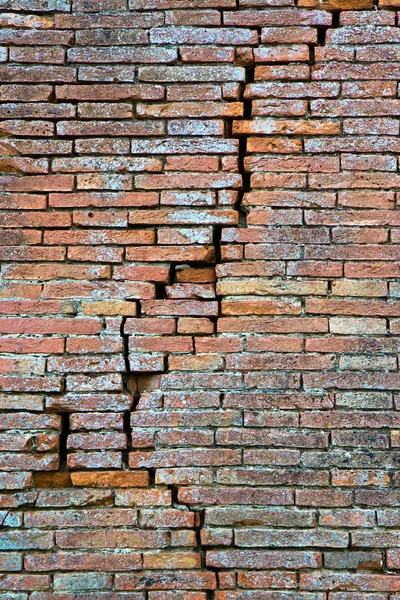 Gebarsten Bakstenen Muur Diepe Spleet Een Muur — Stockfoto