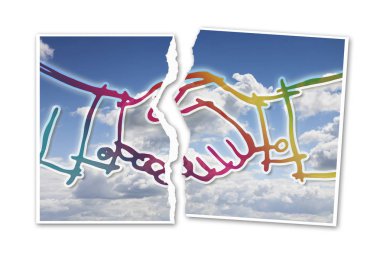 Ripped photo of a handshake against a cloudscape background - concept image clipart