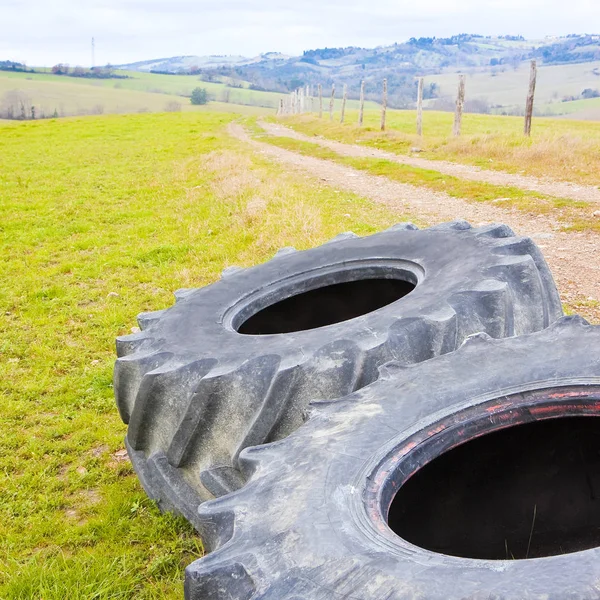 Pair of tires of a big tractor dismantled and left in a Italian country road