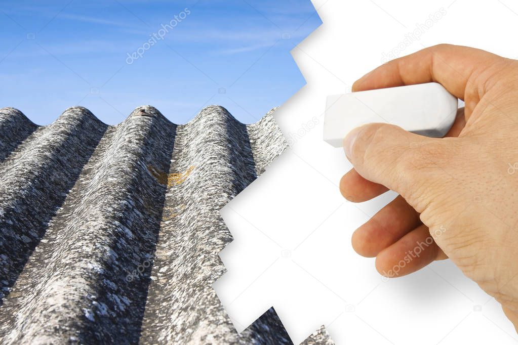 Hand that removes asbestos - Asbestos free concept image - One of the most dangerous materials in the construction industry