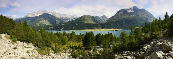 Panoramic View Landscape Sils Lake Upper Engadine Valley Switzerland Europe — Stock Photo, Image