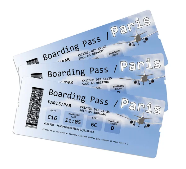 Flygbolaget Boarding Pass Biljetter Till Paris Isolerade Vitt Innehållet Bilden — Stockfoto