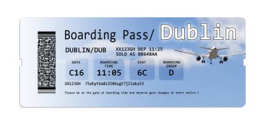 Uçak yatılı geçiş bileti Dublin üzerinde beyaz izole - görüntü içeriğini tamamen invente vardır
