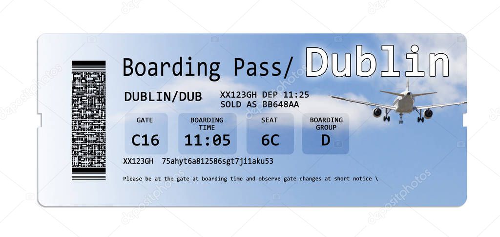 Airline boarding pass tickets to Dublin isolated on white - The contents of the image are totally invente