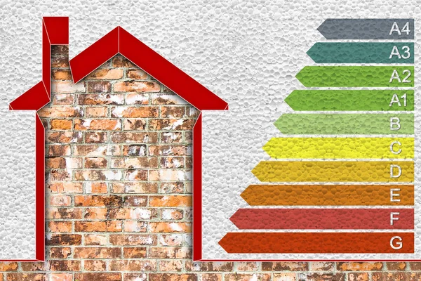 Buildings energy efficiency. Concept image with home thermally insulated with polystyrene walls and energy classes according to the new European law in concerning energy efficiency which provides 10 energy efficiency classes.