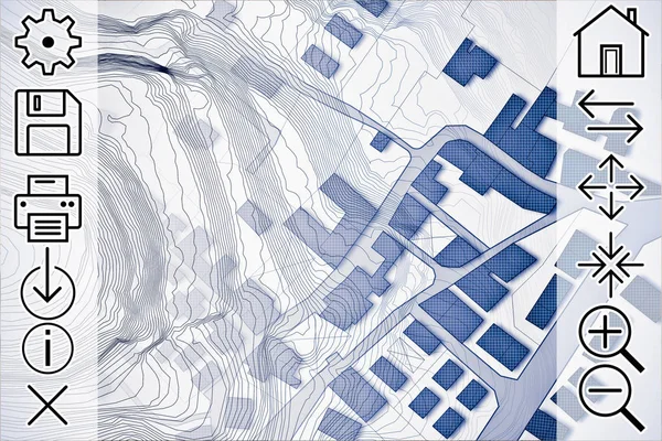 Bölgesel bilgi - kavramı görüntü binalar, yollar ve web gezinti simgesi ile bölge, hayali bir kadastro harita ve kadastro harita Online Konsültasyon