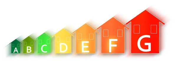 Energie Efficiëntie Concept Afbeelding Met Gekleurde Huizen Geïsoleerd Witte Achtergrond — Stockfoto