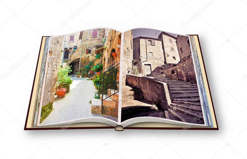 3D render of an opened photo book of Pitigliano Village, Italian etruscan and medieval village built of tufa stone - Called 