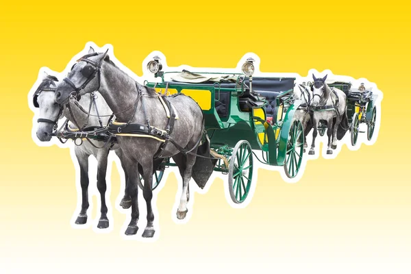 Two Old Carriages Pulled Couple Horses Image Isolated Yellow Background — Stock Photo, Image