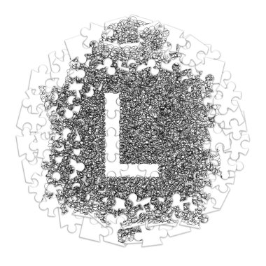 Parçalı bulmaca şeklinde beyaz arka plan üzerinde grafik kalemle çizilmiş yazı tipi harf L. el yapımı