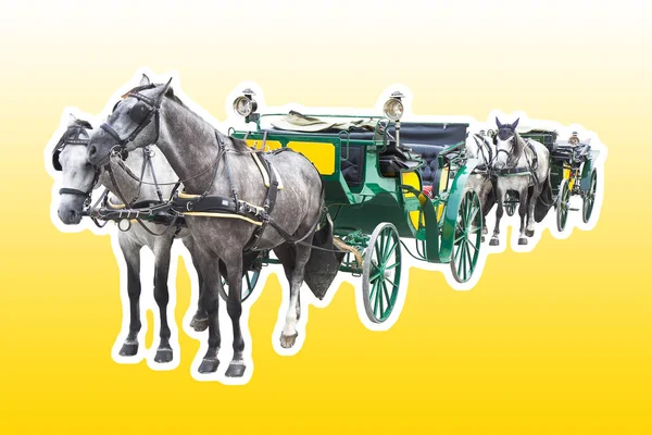 Two Old Carriages Pulled Couple Horses Image Isolated Yellow Background — Stock Photo, Image